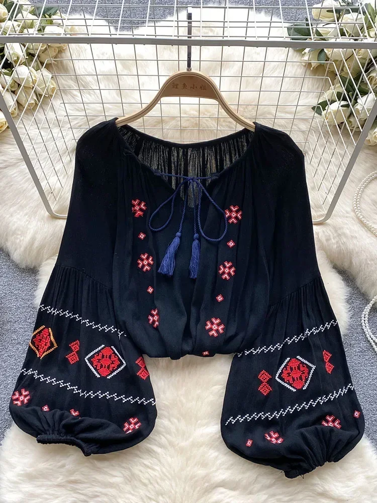 Kobiety Wiosna Jesień Bluzka Czas wolny Retro Etniczny Styl Bąbelkowy Koszula z Rękawami Paskiem Niszowy Top D5328