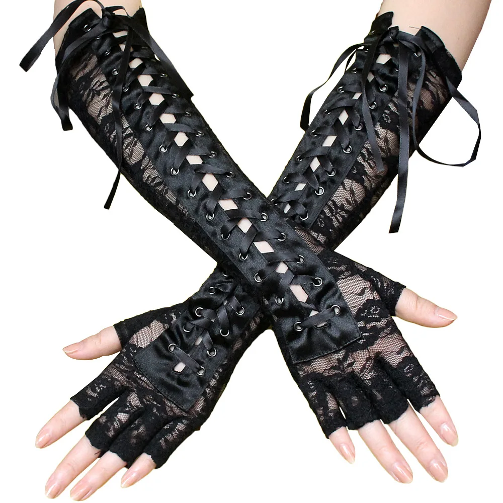 

Helisopus Sexy Lace Long Gloves Winter Elbow Length Half-finger Gloves Ribbon Fingerless Fishnet Mesh Etiquette Party Gloves