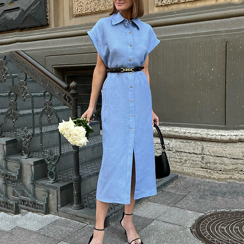 

Office Fashion Lapel Collar Button Shirt Dress Women Elegant Lace-up Waist Solid Long Dress 2023 Casual Short Sleeve Party Dress
