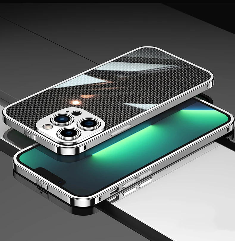 Plating Bumper Metal Case For iPhone 14 Pro MAX 13 12 11 14 Plus Aluminium Frame Phone Cover Camera Protector Carbon Fiber Film