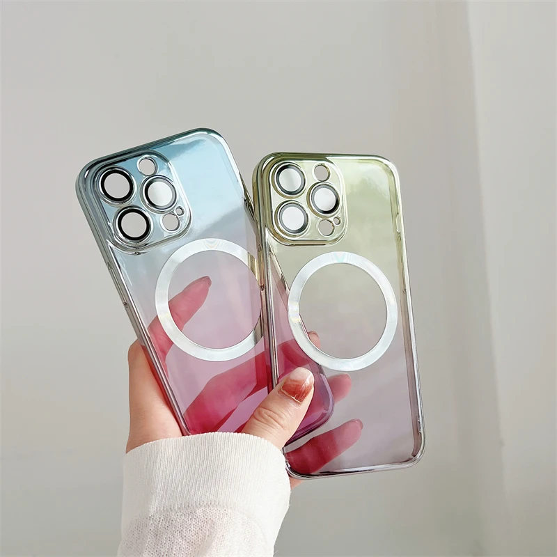 

Electroplate Gradual Change Colorful Magnet Phone Case For iPhone 14 13 12 Pro Max Hard PC Clear Shockproof Cover Fundas Capa