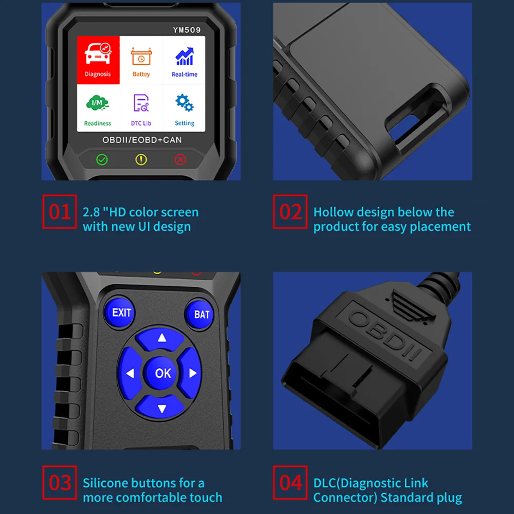 Фото Автосканер YM509 OBD для диагностики автомобилей, проверки состояния двигателя, сбора данных, инструмент для диагностики неисправностей, тестирование автомобилей, ELM327 №2