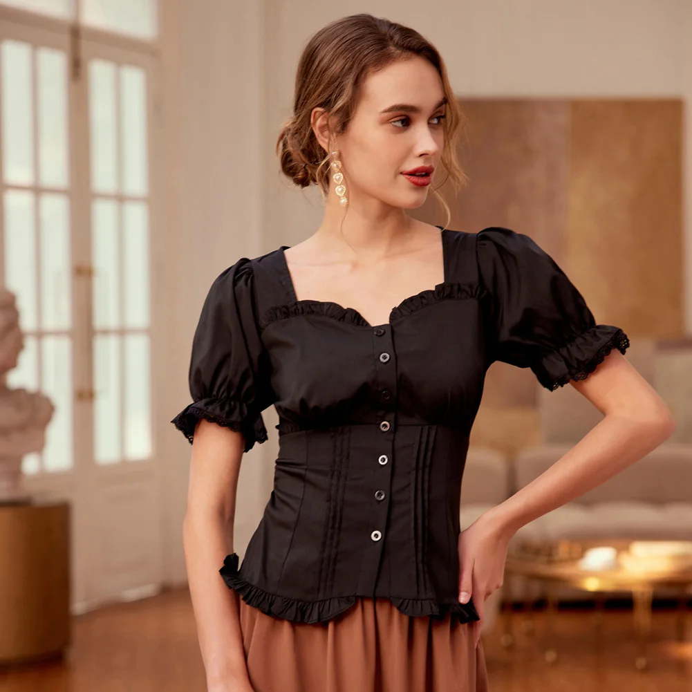 

SD Women Renaissance Shirt Puffed Short Sleeve Sweetheart Neck Tops Fashion Vintage Steampunk Gothic Shirts Summer Tops Lady New