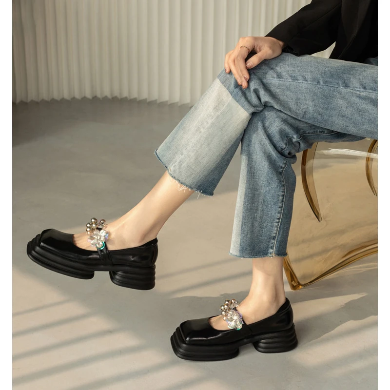 

White Platform Mary Jane Shoes Womens2022 French Retro Square Toe Single Shoes Thick Heel Fairy Niche Design Small Leather Shoes
