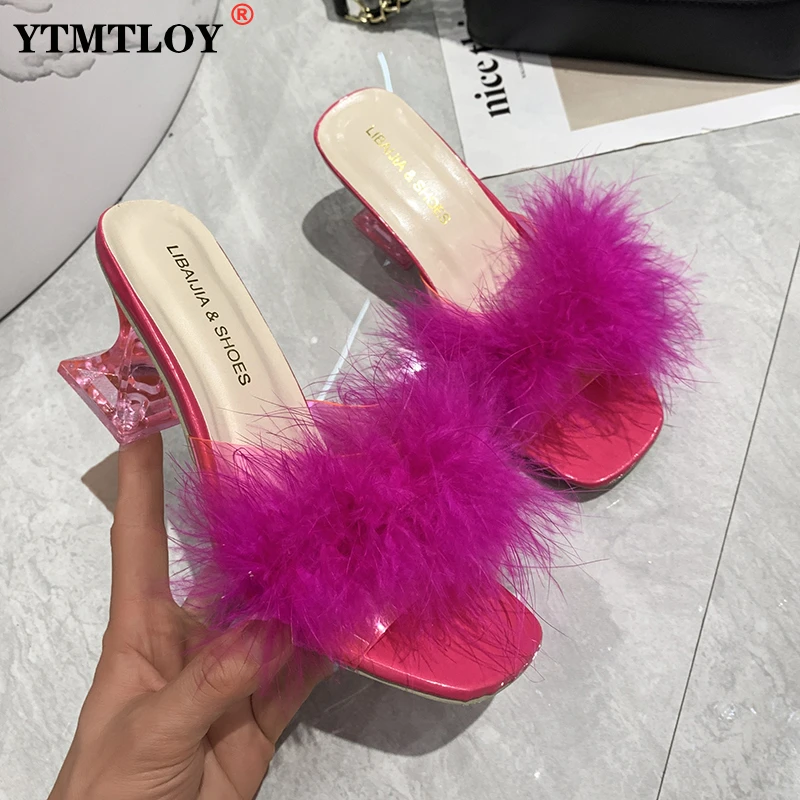 

Women Slippers Summer New Fashion Stiletto Sandals Open Toe High Heel Zapatillas Mujer Casa Sapatos Femininos Fur Sandles 3