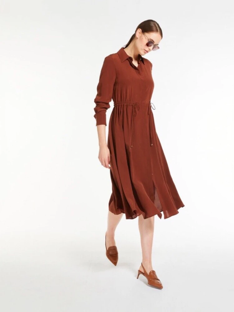 2023 Spring and Summer New Women 100% Silk Drawstring Long-sleeved Dress A-LINE