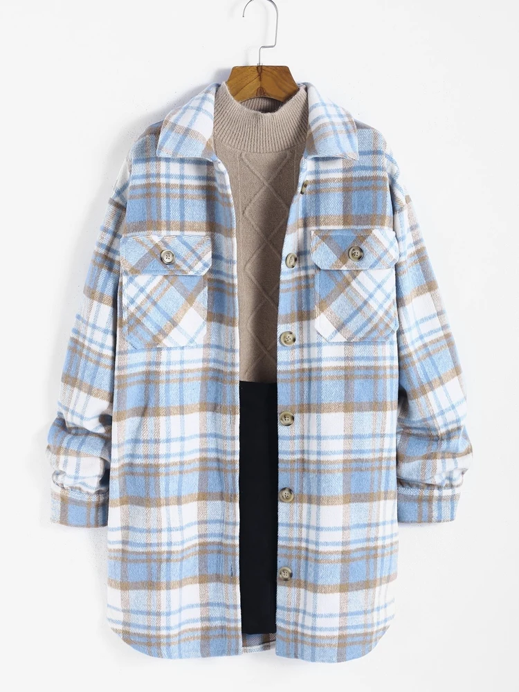 

ZAFUL Plaid Pocket Belted Drop Shoulder Wool Blend Coat