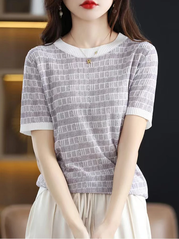 Женская футболка в полоску Базовая Трикотажная с коротким рукавом Корейском