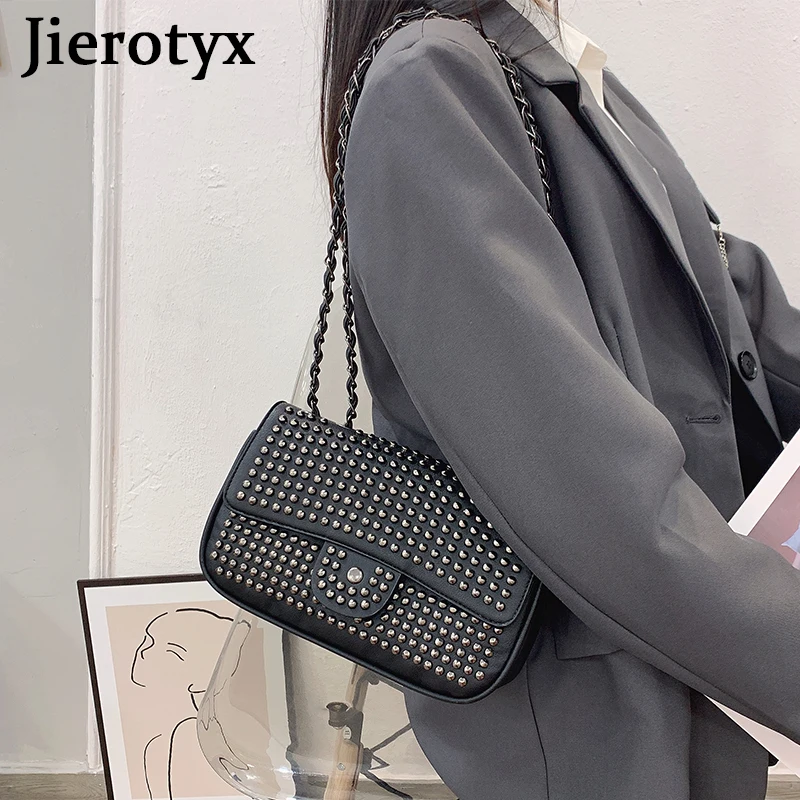 

JIEROTYX Flap Bags Women Luxury Brand Designer Female Crossbody Bag Fashion Rivet Shoulder Bag with Chain Punk Style Black