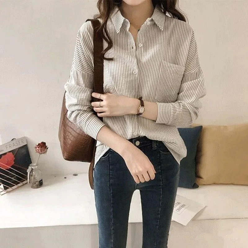 

Lucyever White Striped Office Lady Shirts Vintage Simple Long Sleeve Turn-Down Collar Blouse Women Korean Button Up Loose Shirt
