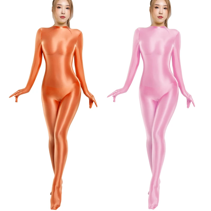 Sexy Silky glossy tights back zipper Wetsuit Yoga Zentai Plus Size cycling Overalls Jumpsuits Cosplay shiny bodysuit shapewear