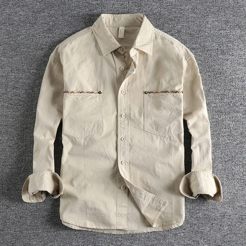

Vintage Embroidery cotton tooling shirt men's spring and autumn trend long-sleeved shirt