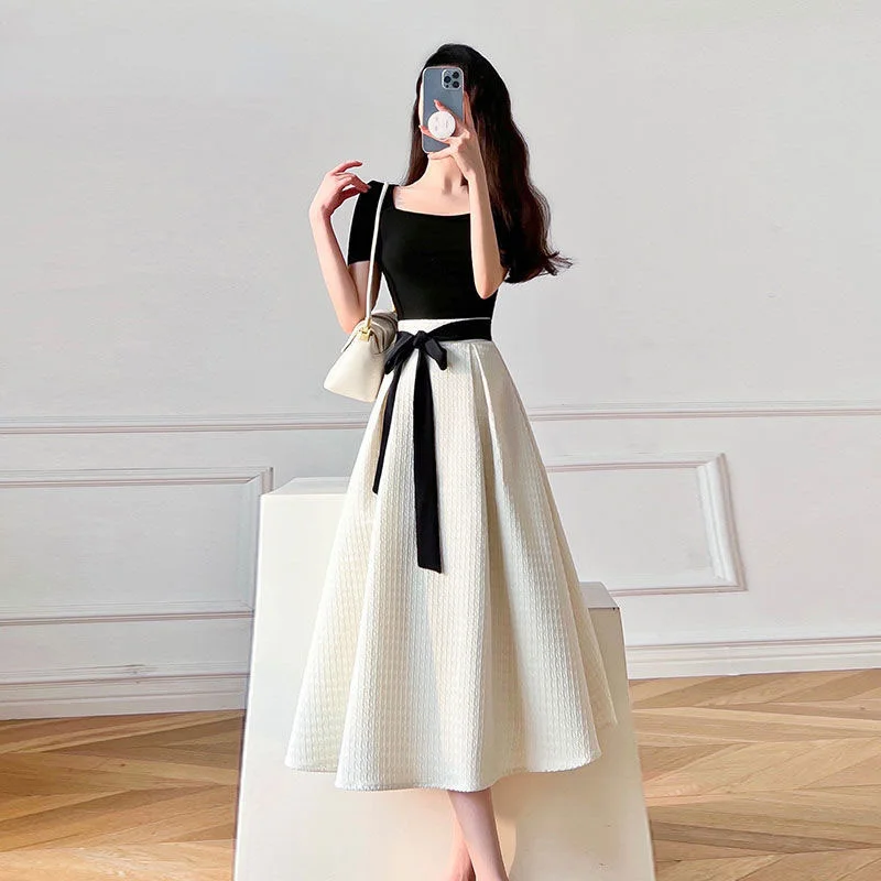 

Summer Elegant Two Piece Women Topsskirt Sets Retro Office Lady Outfits Matching Sets Crop Top+a Line Bow Skirt Fashion Dress