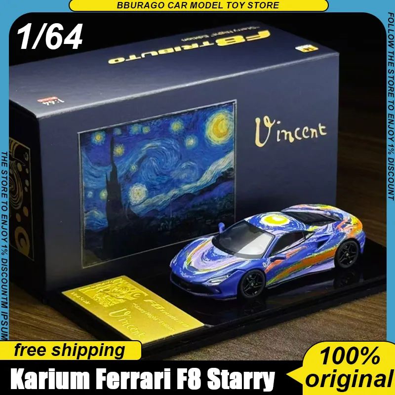 Фото В наличии: Коллекционная модель Karium 1:64 Ferrari F8 Tributo Van Gogh The Starry Night Art Livery, лимитированная серия 699 шт., литая под давлением, суперкар, украшение для стола №1