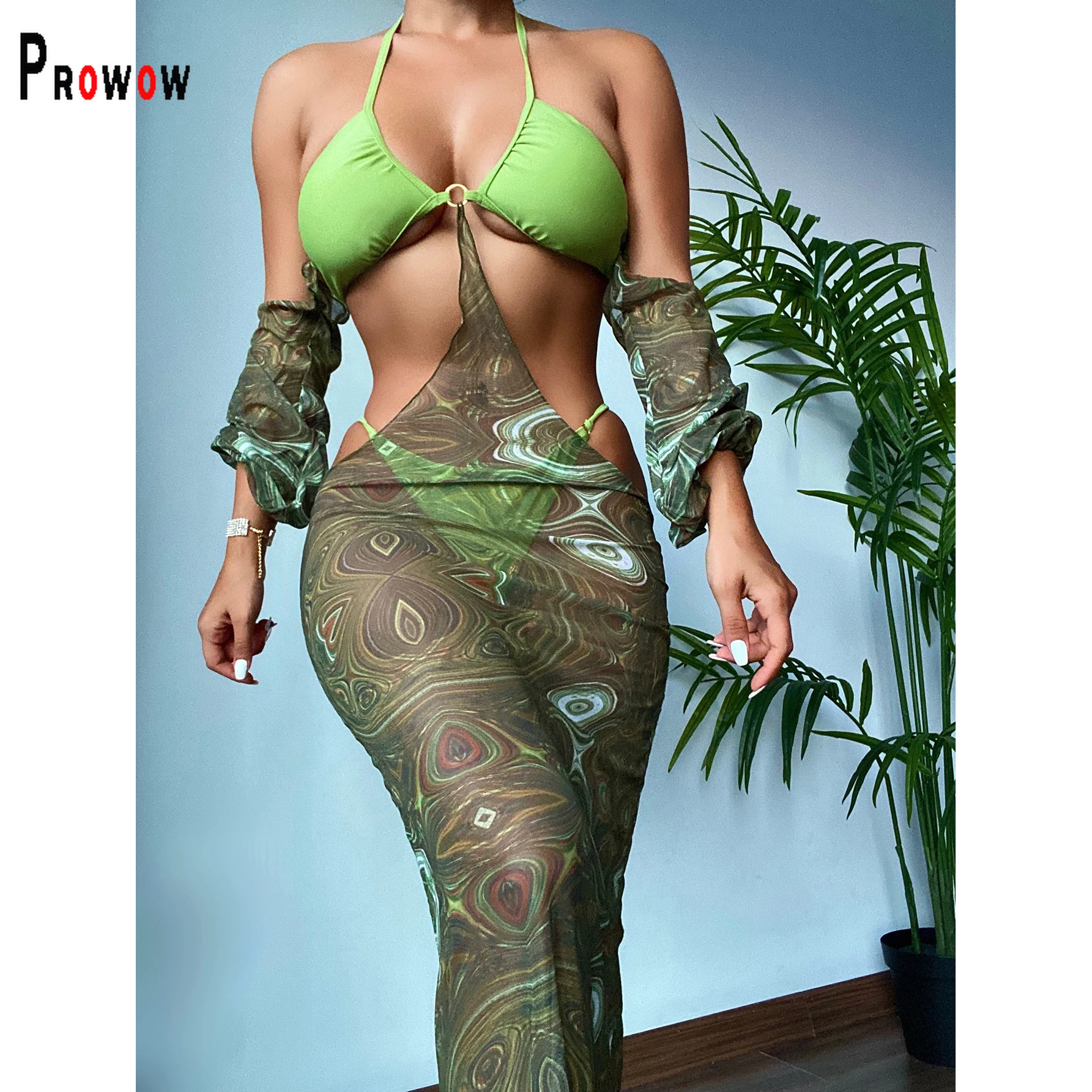 

Женские пляжные костюмы Prowow, зеленые женские купальные костюмы с открытой спиной и плечами, Сетчатое платье, стринги, комплект из двух предм...