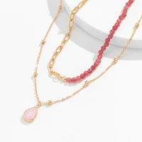 real pink natural stone beaded multi layer gold love charm pendant necklace for women girls choker layer clavicle necklace