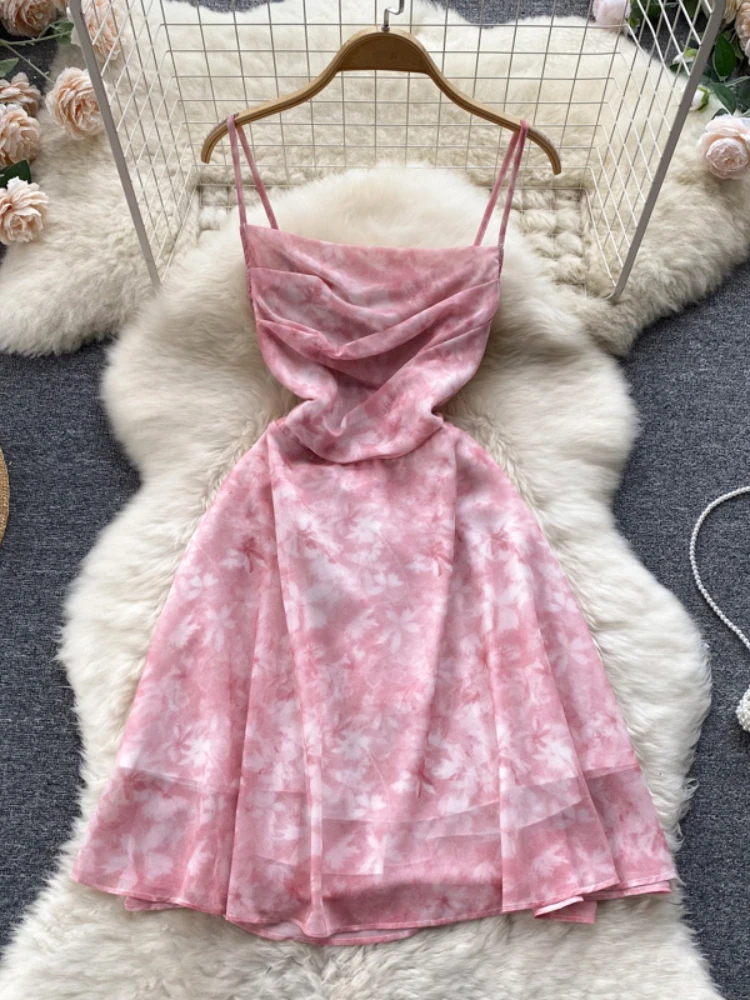 

Summer Beach Dress Women Sexy Pink Gentle Chiffon Back Hollowed Out A-line Dress High Waist Wrapped Style Sling Mini Dress