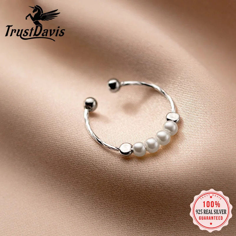 

TrustDavis Real 925 Sterling Silver Fashion Sweet Synthesis Pearl Opening Ring For Women Wedding Party Fine S925 Jewelry DB188