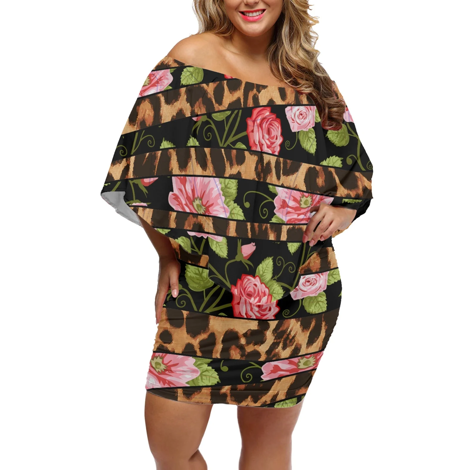 

Polynesia Elegant Women Dress Summer Women's Banqueting Clothing Cherry Blossoms Print Off Shoulder Bat Sleeves Buttocks Skirt