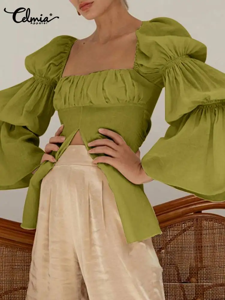 

Celmia Vintage Virago Sleeve Blouses Women Square Collar Slit Hem Streetwear Blusas 2022 Fashion A Line Tunic Tops Femininas