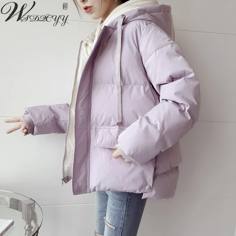 

Solid Winter Down Cotton Jacket Women Thickening Warm Puffer Parkas Casual Hooded Zipper Padded Loose Coat Female Bread Overcoat