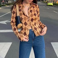 v neck long sleeve t shirts women brown y2k houndstooth print autumn vintage fashion casual sexy crop loose casual shirt top