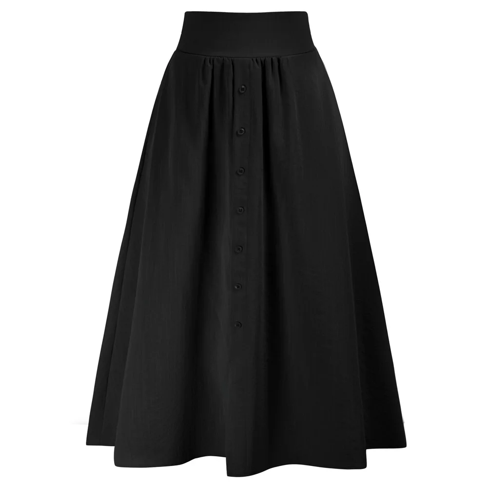 

Women Front Slit Skirt Elastic High Waist Skirts Spring Fall Summer Solid Buttons A-Line School Lady Mid-calf Skirt Fashion New