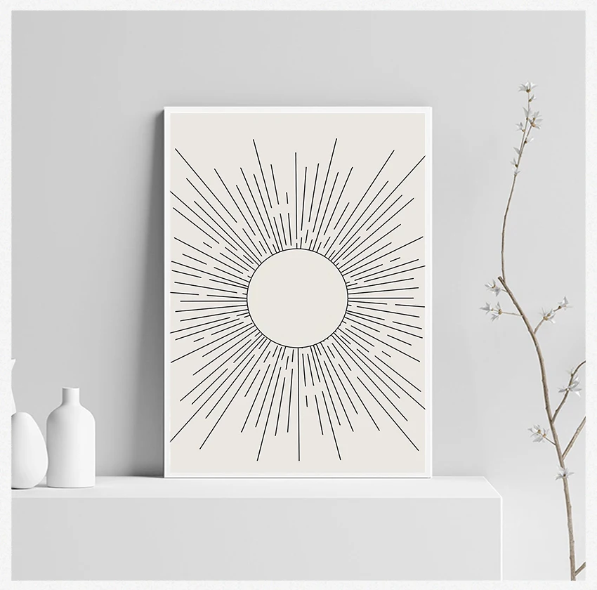 

Poster Neutral Canvas Print Line Drawing Wall Pictures Living Room Decor Sun Illustration Abstract Painting Mid Century Modern