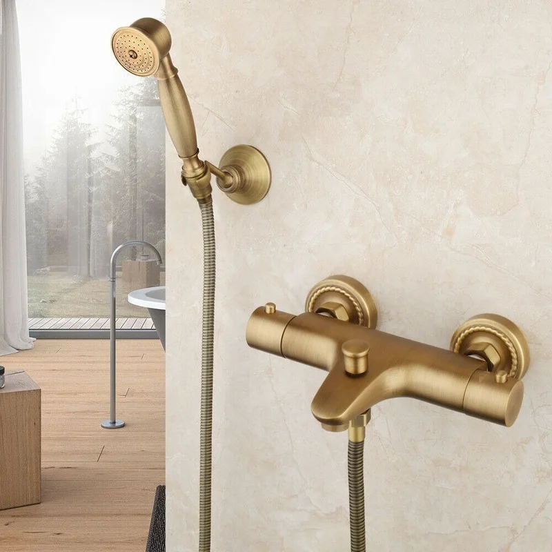 

Thermostatic Bath Shower Faucet Antique Brass Tub Filler Mixing Valve Hand Spray Handle Faucet Bathroom Shower Combo