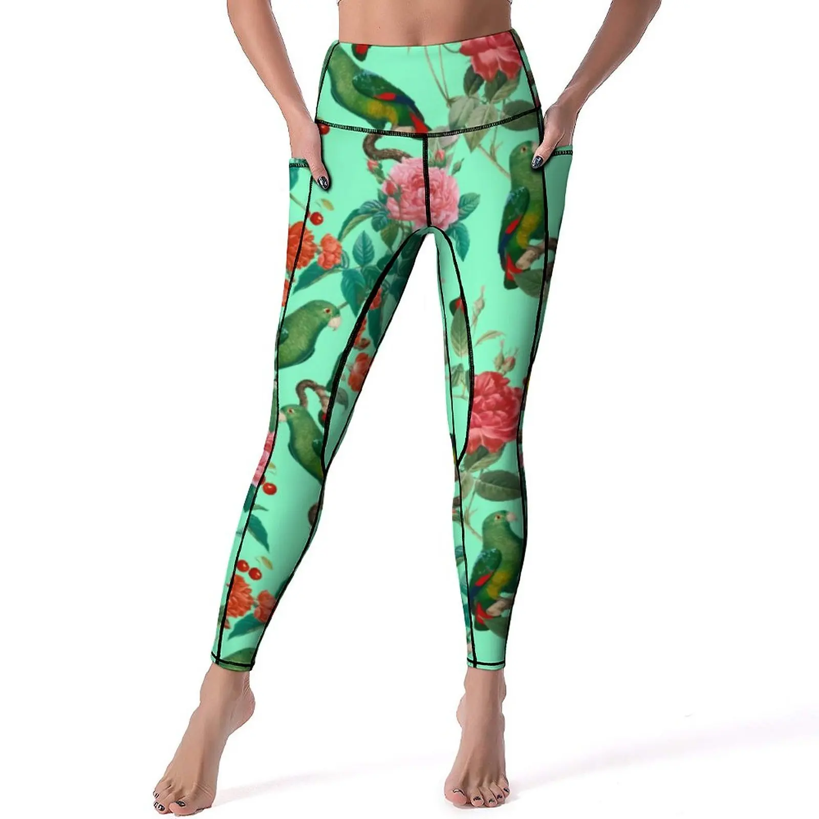 

Parrot Pattern Leggings Red And Pink Roses Fitness Gym Yoga Pants High Waist Breathable Leggins Stretch Graphic Sports Tights