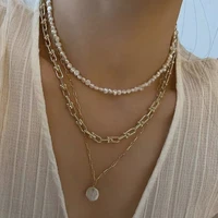 statement three layered freshwater pearl necklaces gold color beaded linked chain chokers necklace for women minimalist jewelry
