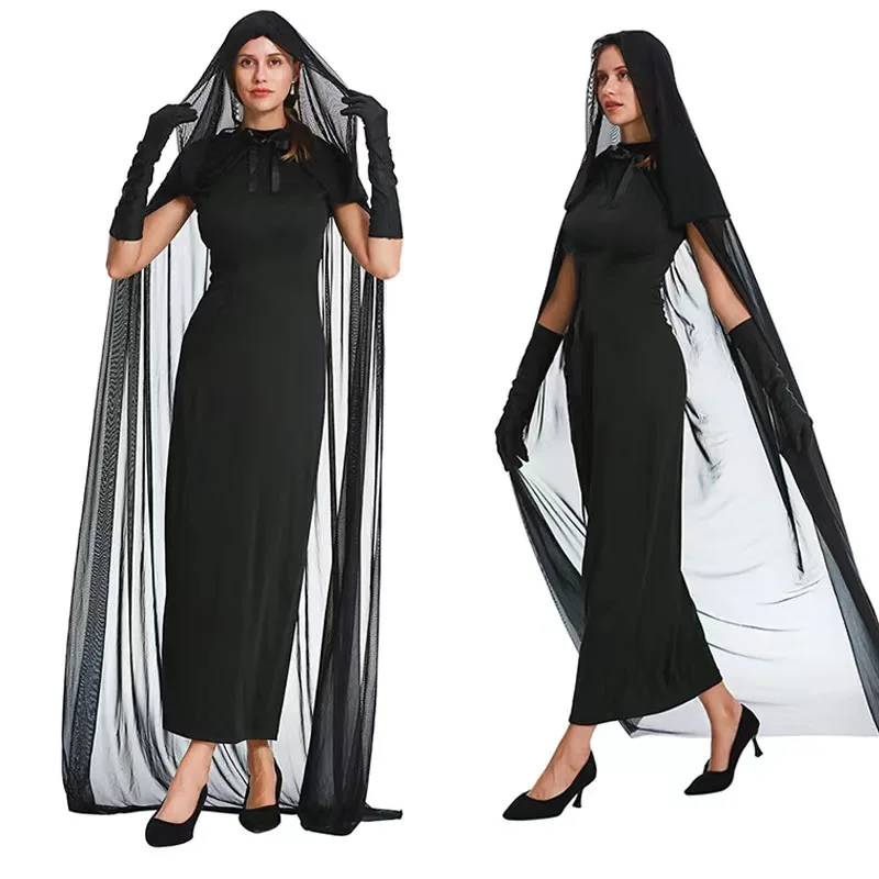 

Halloween Costume Adult Women Vampire Witch Cosplay Ghost Cloak Mesh Cloak Makeup Ball Black Party Stage Performance Clothing