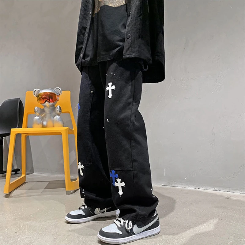 Four Seasons Jeans Straight Loose Casual Pants Blue and White Cross Patches Men's and Women's Same Style Streetwear Ins Hot Sale