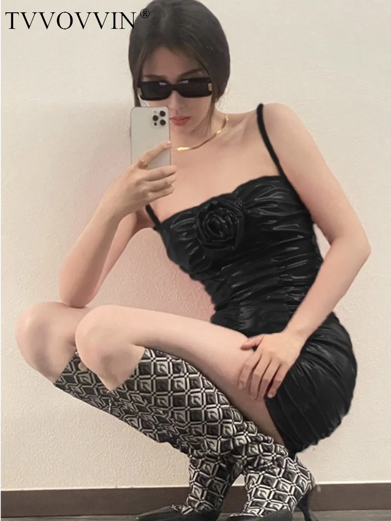 

2023 New Bright TVVOVVIN Pleated Sling Dress Flower 3D Girl Slim Hip Wrap Mini Dress Fashion Sexy Women Pu Leather Tops 742D