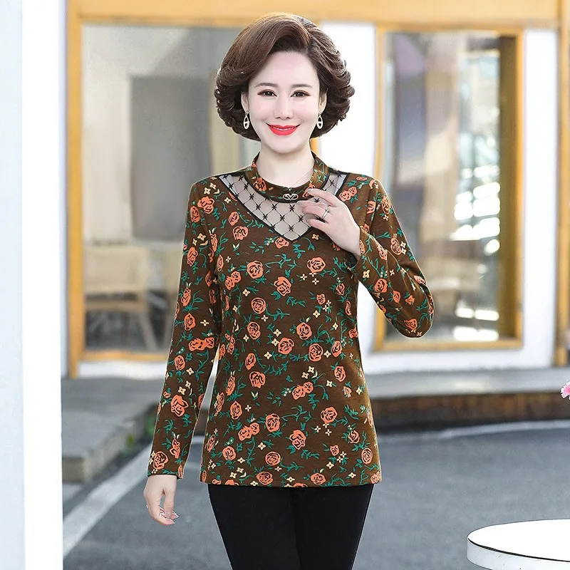 

Hot Sale Mesh T shirt Autumn Winter Stitching Women Lace Tops Fashion Long sleeve printing shirt