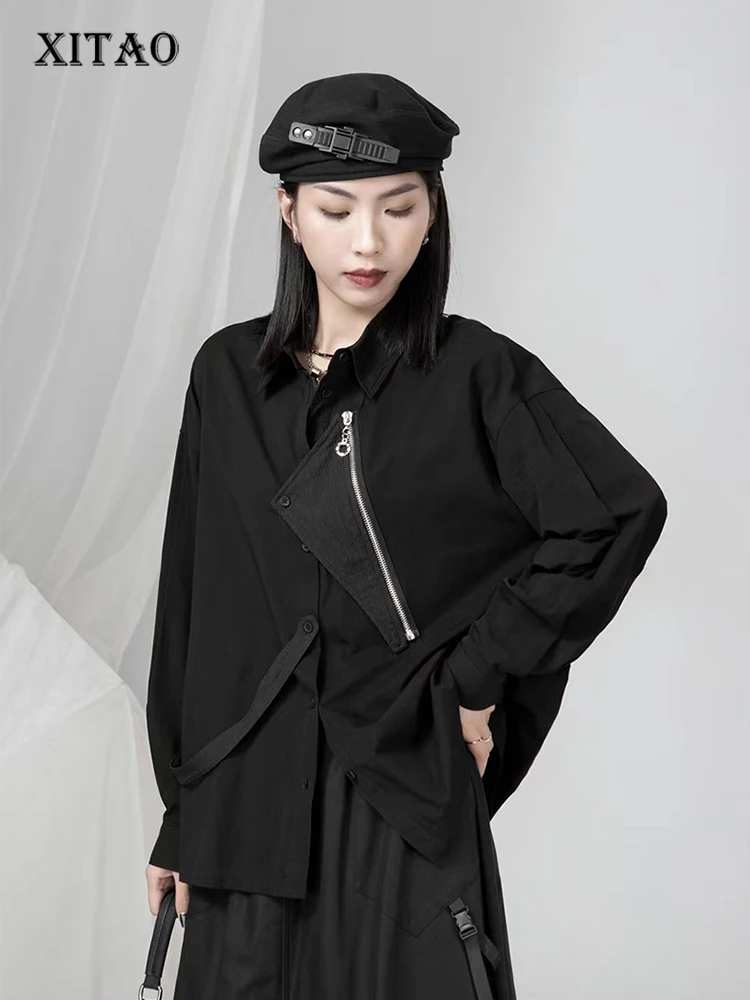 

XITAO Solid Casual Women Irregular Shirt Korea 2023 Autumn New Arrival Personality Fashion Loose Turn-down Collar Shirt DMJ2186