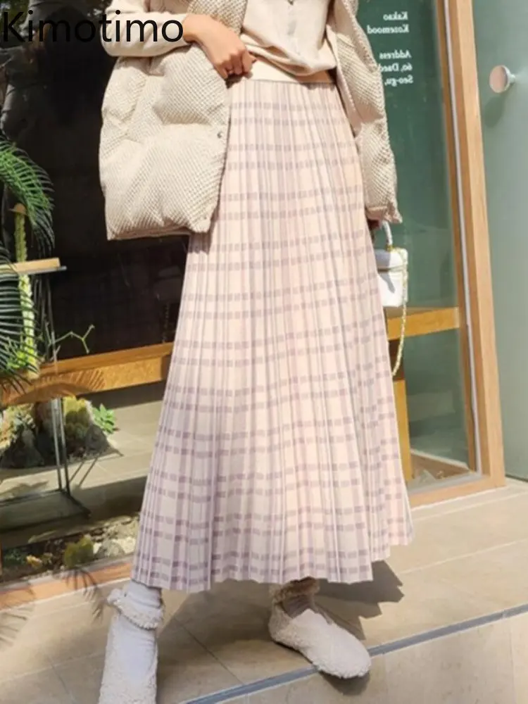 

Kimotimo Plaid Pleated Knitted Skirts Women 2022 New Fashion High Waist Mid Length A Line Skirt French Retro All Match Clothes