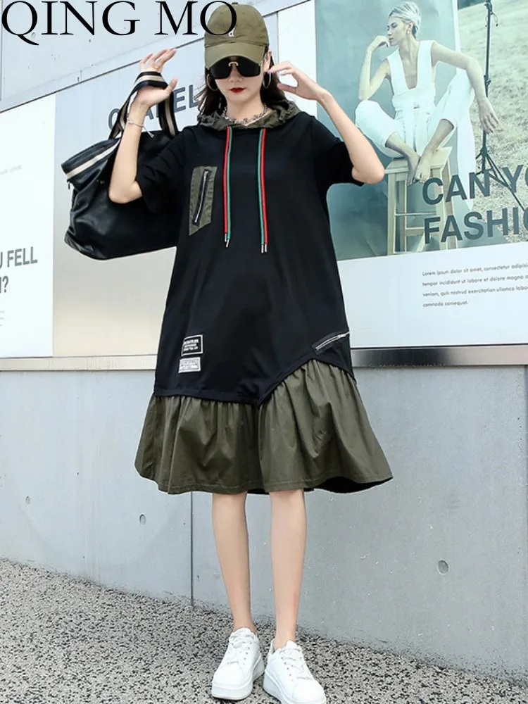 

QING MO 2023 Summer New Large Size Women Short Sleeve Dress Hooded Mid Length Spliced Ruffle Dress Black Army Green ZXF2859