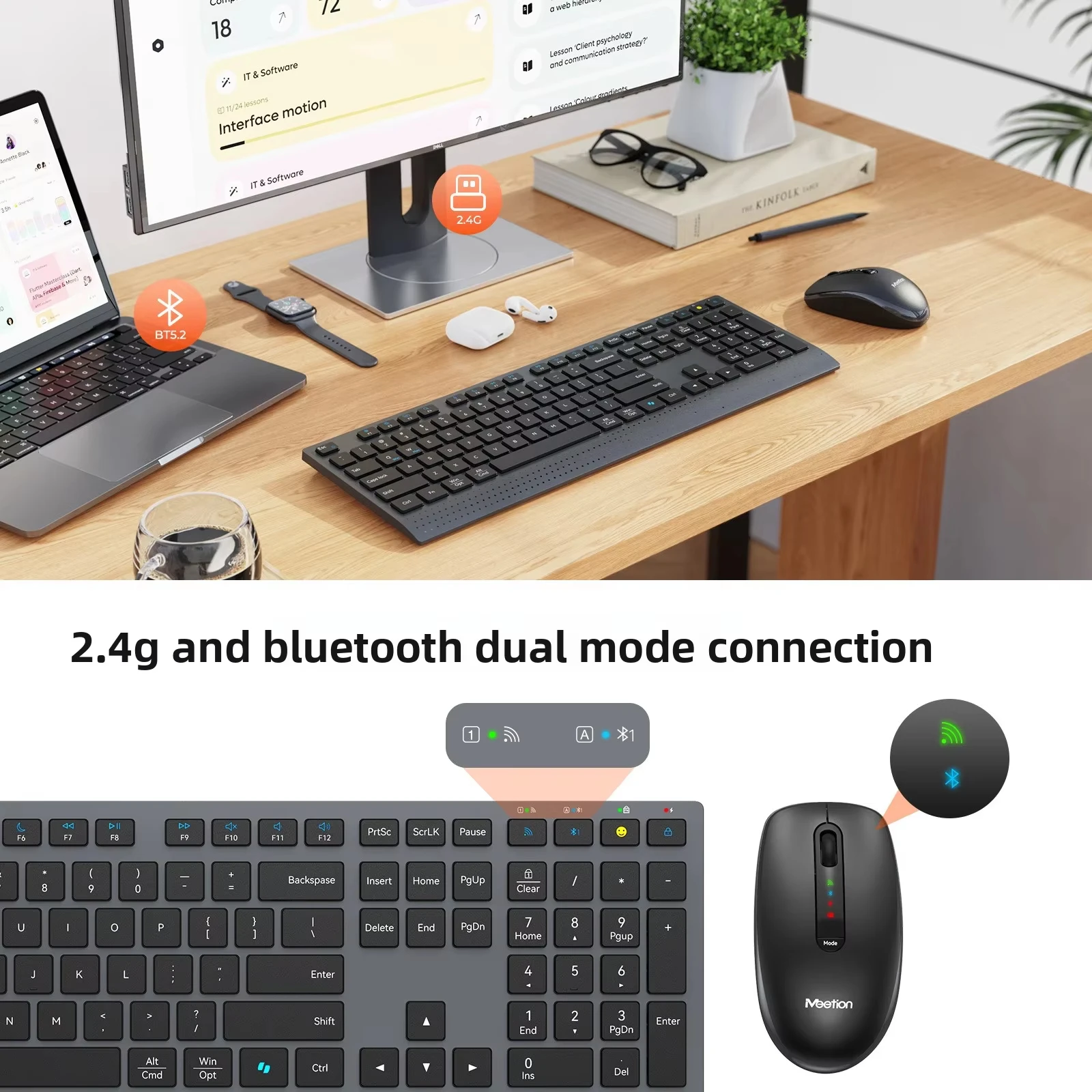 Фото Двухрежимный беспроводной комплект клавиатуры и мыши 2.4G Bluetooth для офиса, стильный дизайн, полноразмерная перезаряжаемая клавиатура для ПК. №2
