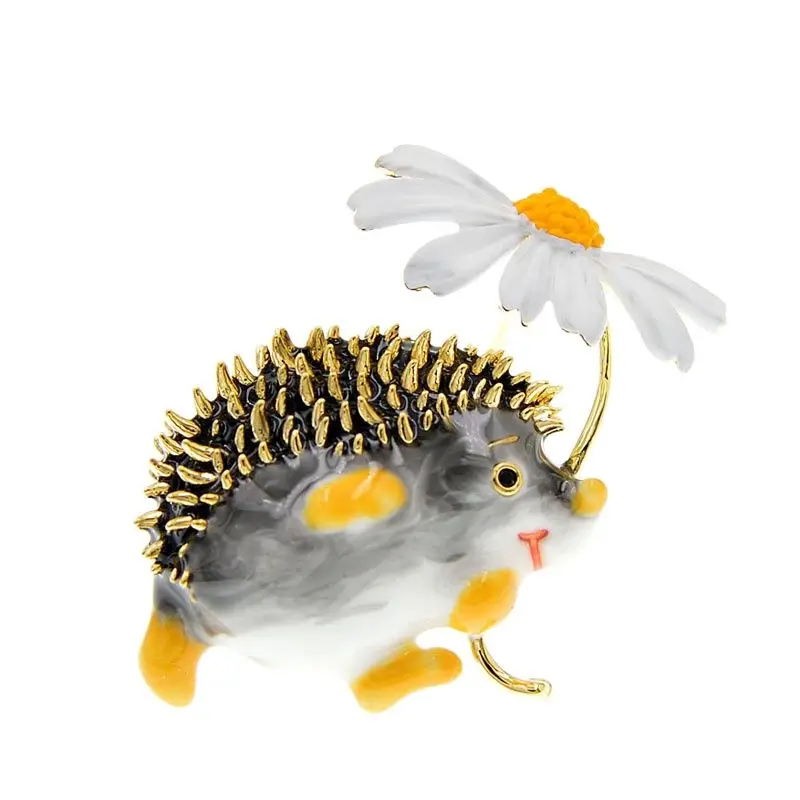 

CINDY XIANG Cute Hold Daisy Flower Hedgehog Brooch For Women Animal Jewelry Funny Design Pin