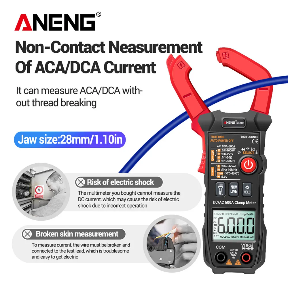

Профессиональный цифровой мультиметр ANENG ST210, зажим-Измеритель постоянного/переменного тока 6000 А, тестер тока, отсчетов, истинное среднеква...