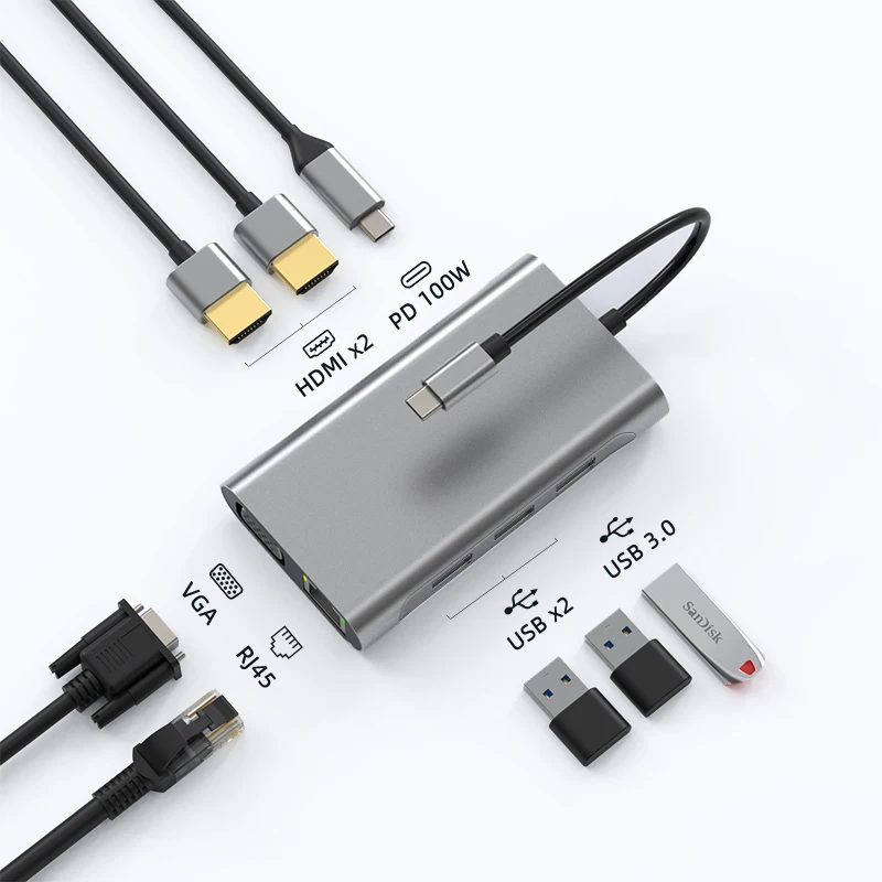 Док-станция с 10 портами USB Type-C на два HDMI 4K 30 Гц VGA USB 3,0 адаптер PD100W для MacBook