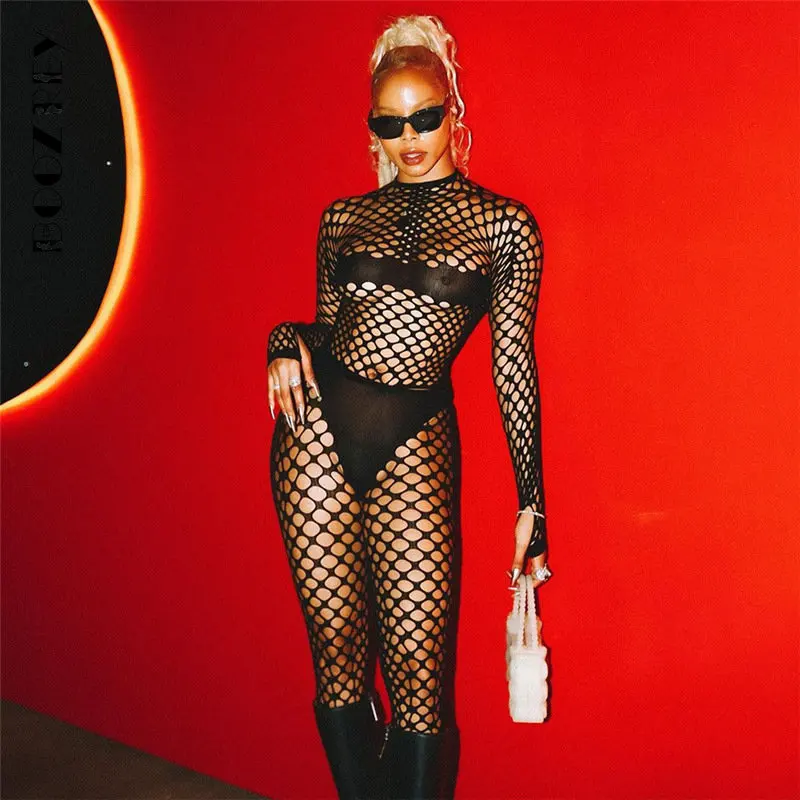 BoozRey 2023 New Spring Women's New Sexy Fishnet Perspective Hollow Out High Waist Tight Trousers Suit Female Jumpsuit Outfits