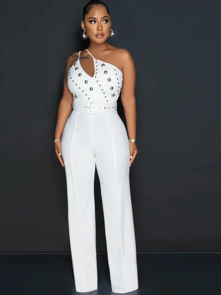 

Бонни лес элегантные белые золотые шпильки бюст одно плечо с поясом модные комбинезоны без рукавов детали Комбинезоны Клубная одежда наряды