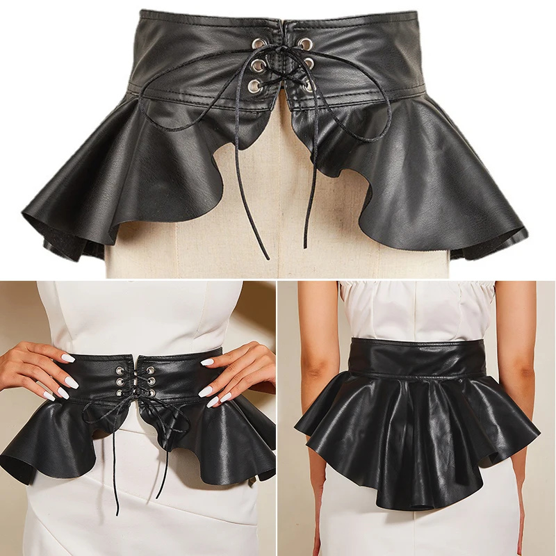 

Wide Black Corset Belt Ruffle Skirt Peplum Waist Belt Layered Swallow Tail Waist Seal Lace-up PU Leather Waistband Cummerbunds