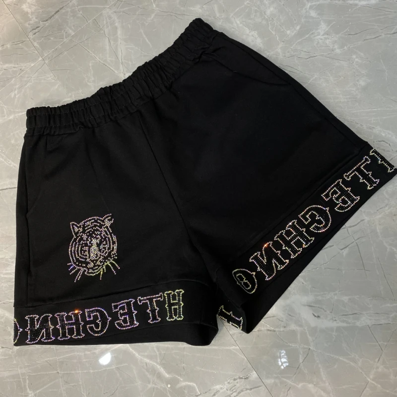 Heavy Industry Cartoon Rhinestone Womens Shorts 2023 Summer Women's Clothing New Elastic Waist Casual Wide-Leg Shorts Female