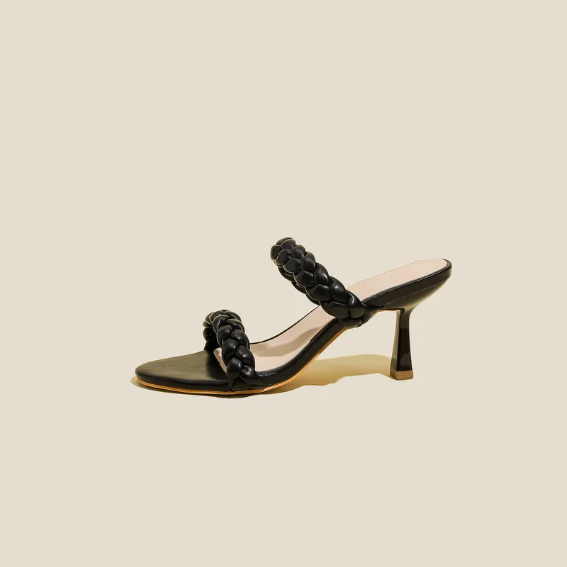

2022 Summer Women High Heels Slides Plus Size Mules Lady Block Low Heels Slipper Weave Leather Platform Shoes