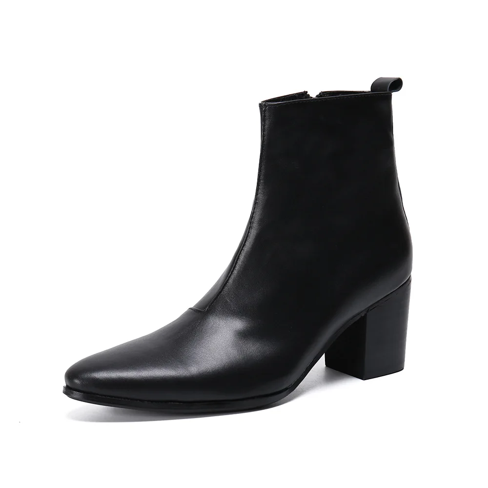 

Men's Black Ankle Boots with Height Luxury Genuine Leather Autumn New British Trend Man Wedding Party Business Shoes High Heels