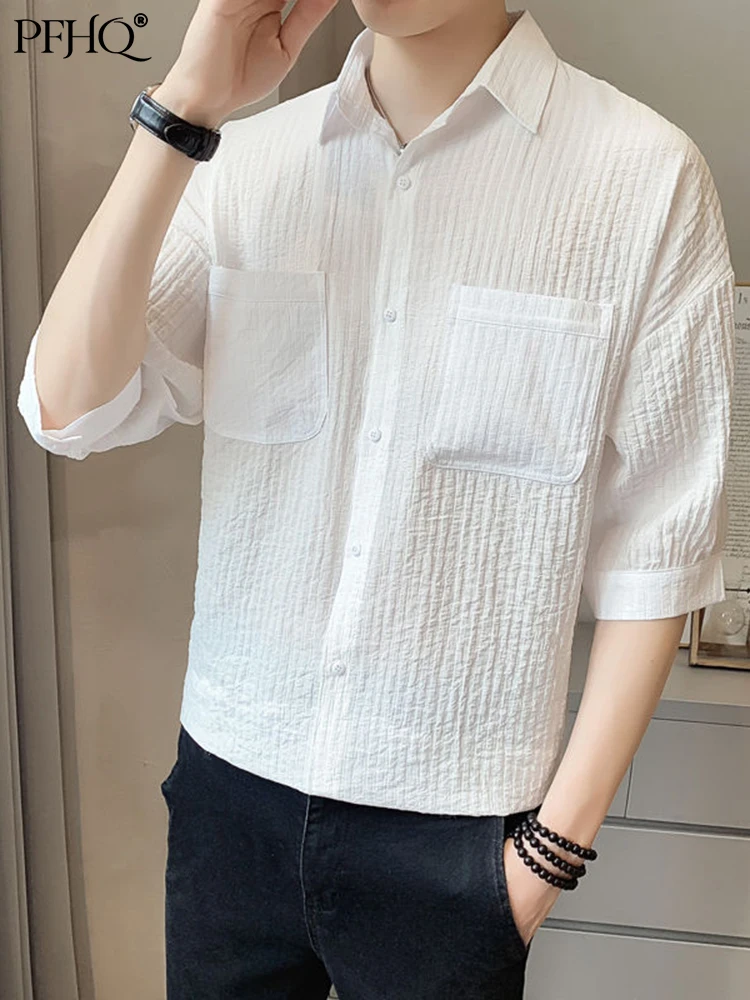 

PFHQ Solid Color 2022 Fashion Short Sleeve Men's Summer Male Black Clothes Cool Aesthetic Casual Stylish Ice Silk Shirts 21Q1026