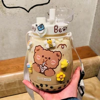 kawaii jumbo bear water bottle for children girl school cute plastic travel milk tea juice portable gourd with straw 3d sticker